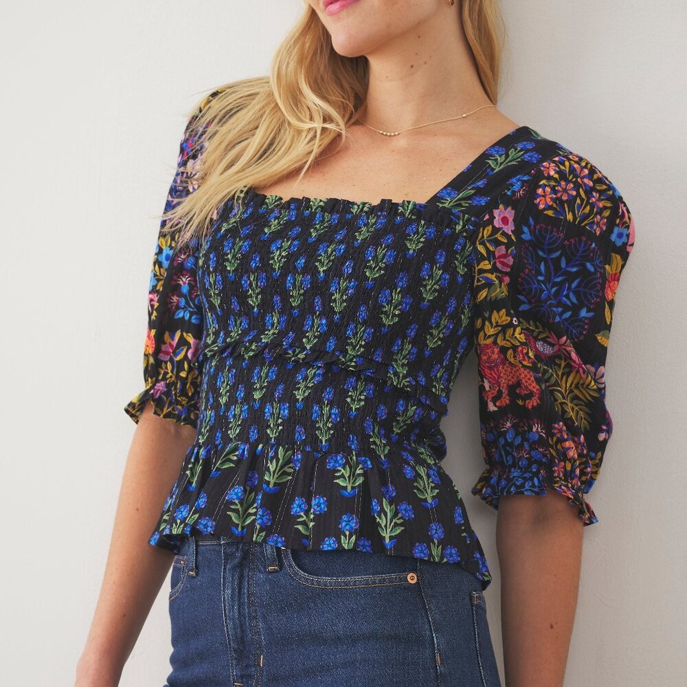 Printfresh Black Floral Smocked Square-Neck Top